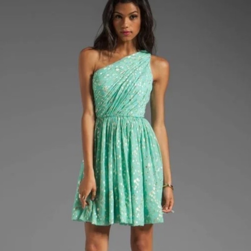 Shoshanna Rayna Dress in Aqua & Metallic Gold One Shoulder size 6